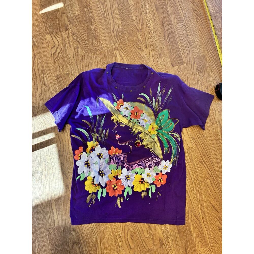 Vintage 80s Bedazzled Painted Face T Shirt Glitter XL